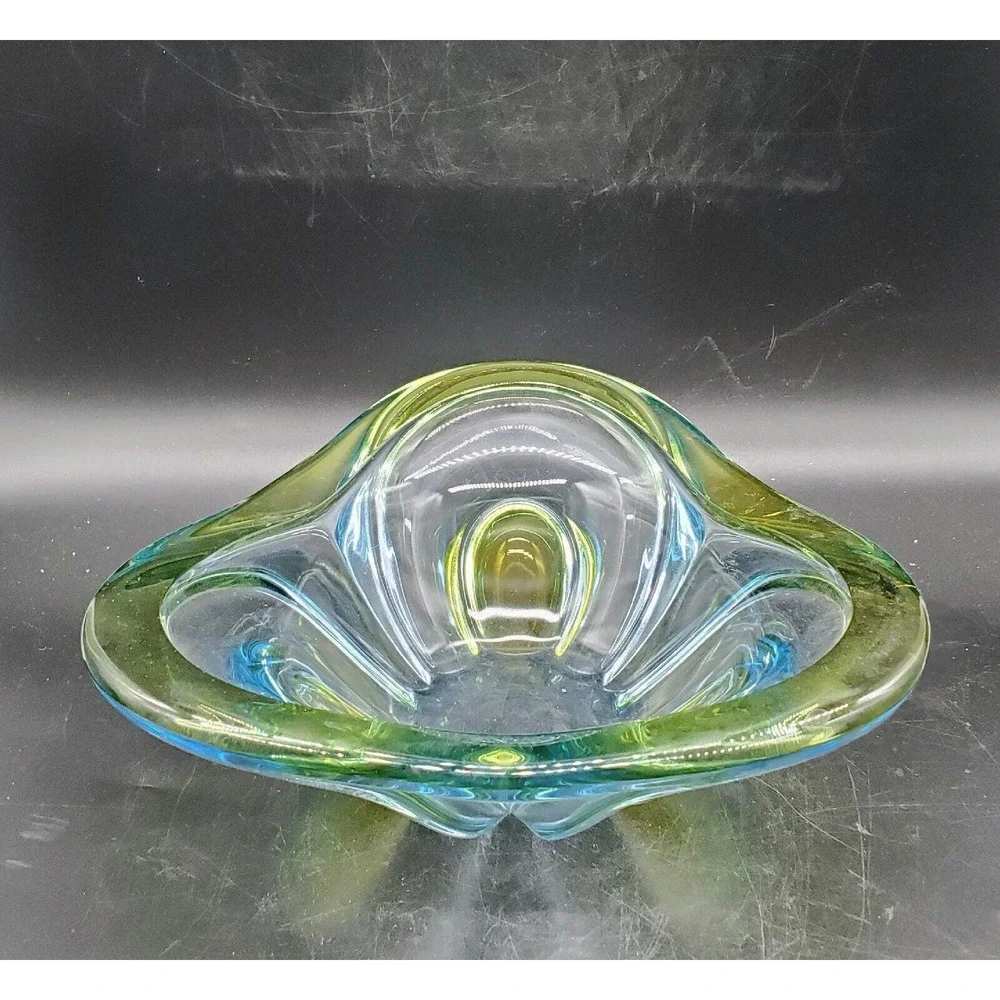 Vintage Walther Art Glass Decorative Bowl Triangle Green Blue 9